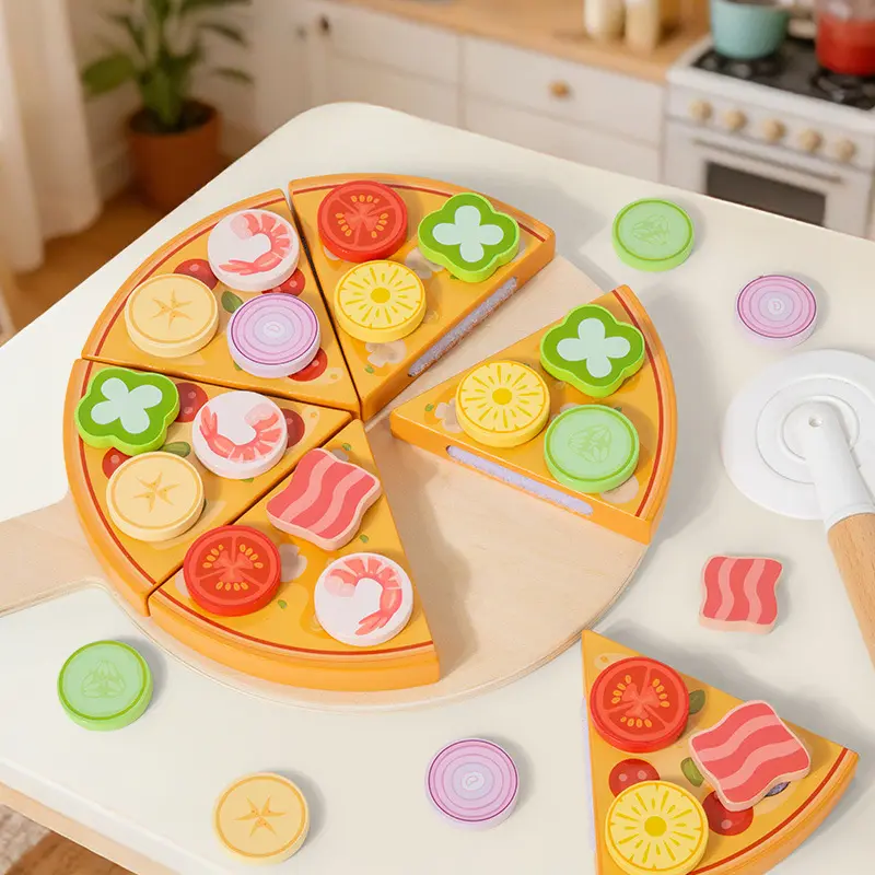Wooden Early Education Toy, Simulation Pizza & Cookie Cutting Game for Kids - Color Matching, Learning Role-Playing Pretend Play Toy