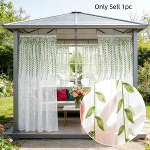 1pc Elegant Embroidered Willow Leaf Transparent Outdoor Curtains, Pole Pocket Installation, Ideal for Patios, Balconies, Gardens, Porches, Cabins