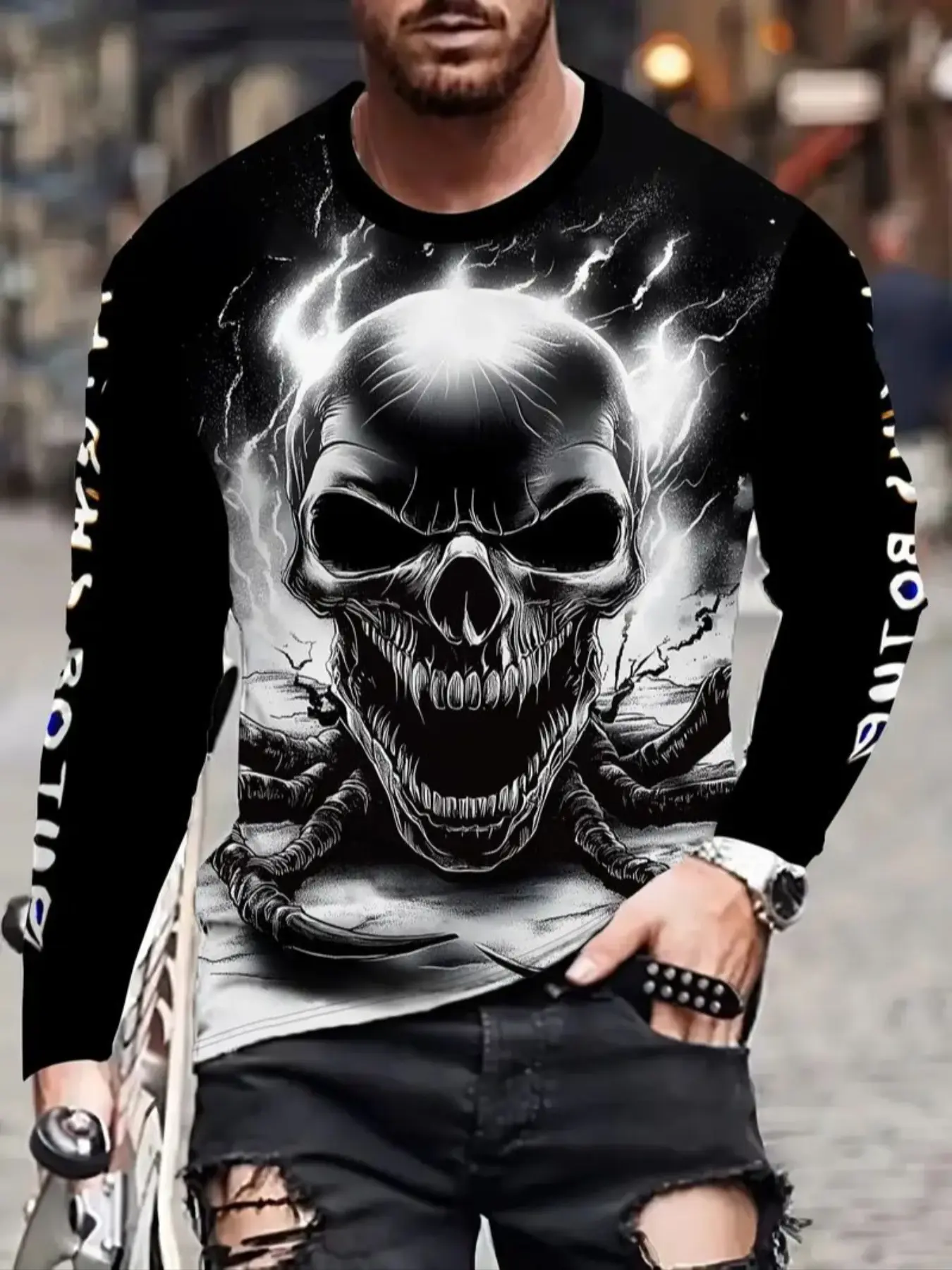 Men's Halloween Skull Skeleton Print Long Sleeve T-Shirt, Casual Streetwear Classic Round Neck Fitted Tee for Fall & Winter, Comfortable Knit Fabric