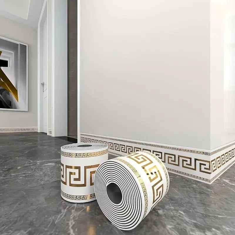 1/4 roll wall decor border, self-adhesive skirting tape, wall group decor, gold and white decorative floor skirting, Greek pattern home decor, Decorative Wallpaper