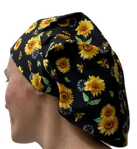 Bouffant Style Nurse Hat Large Scrub Cap No Seams Over Ears 100% Cotton Sunflower Print Comfortable Fit for Healthcare Professionals