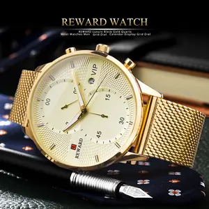 REWARD VIP Gold Watch Male Chronograph Luxury Watch Clock Man Luminous Hands Stainless Steel Mesh Strap for Business