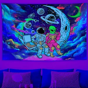 UV-Reactive Anime Space Astronaut Tapestry - Blacklight Activated Glow Wall Art with Pizza & Alien Crew, Horizontal Indoor Wall Hanging for Men's Bedroom, Dorm, or Gaming Room Decor, Cosmic Theme Design
