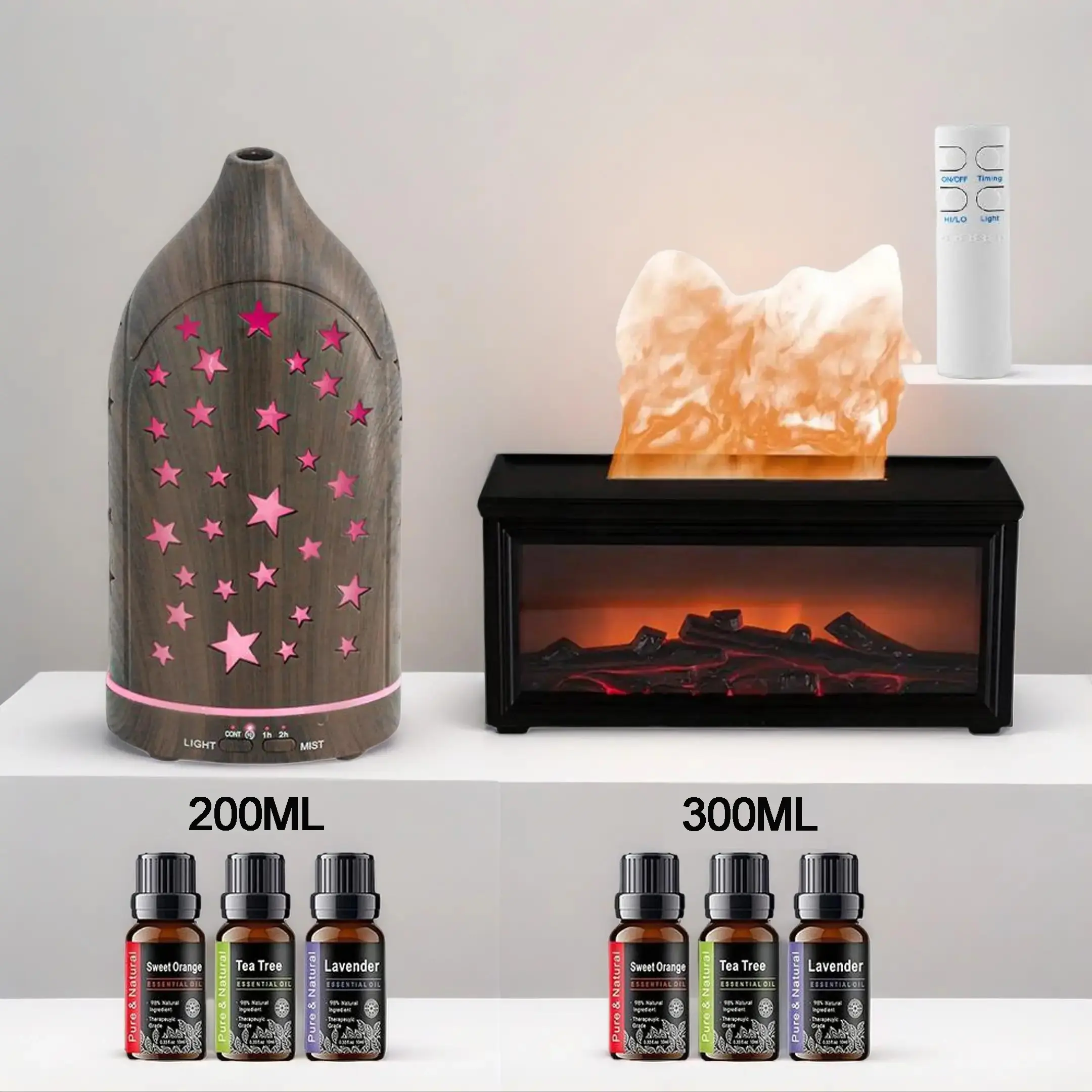 Aromatherapy Diffusers Duo Gift Set - 2-Piece Fireplace & Wood Grain Humidifiers (300ml, 200ml), Remote Controlled, 6 Essential Oils, 7 Lights, Silent Operation, Essential Oil Compatible
