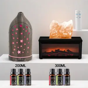 Household Aromatherapy Diffusers Gift Set - 2-Piece Fireplace & Wood Grain Design, 300ml & 200ml Humidifiers, Remote Control, 6 Oils, 7 Lights, Quiet Operation