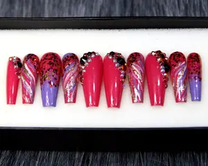 Hot Pink Coffin Press On Nails, Rhinestone Gel X False Nail Set