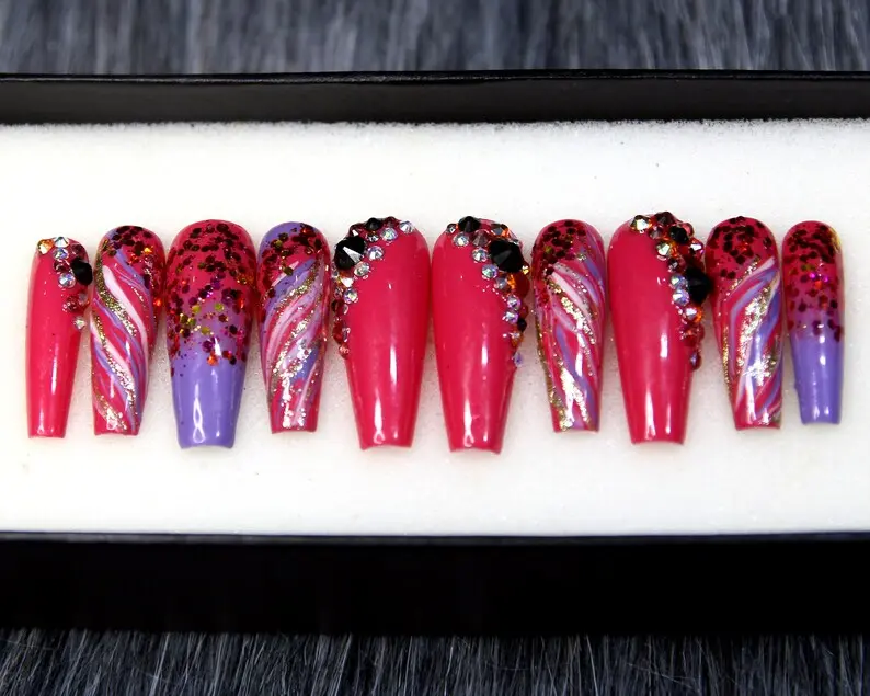 Hot Pink Coffin Press On Nails, Rhinestone Gel X False Nail Set
