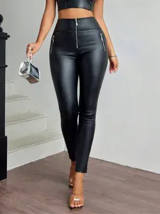 High Waist Zipper PU Leather Skinny Pants, Punk Style Festival Wear, Stretchy Tight Fit, Casual Fitted Pants, Women's Fashion Clothing