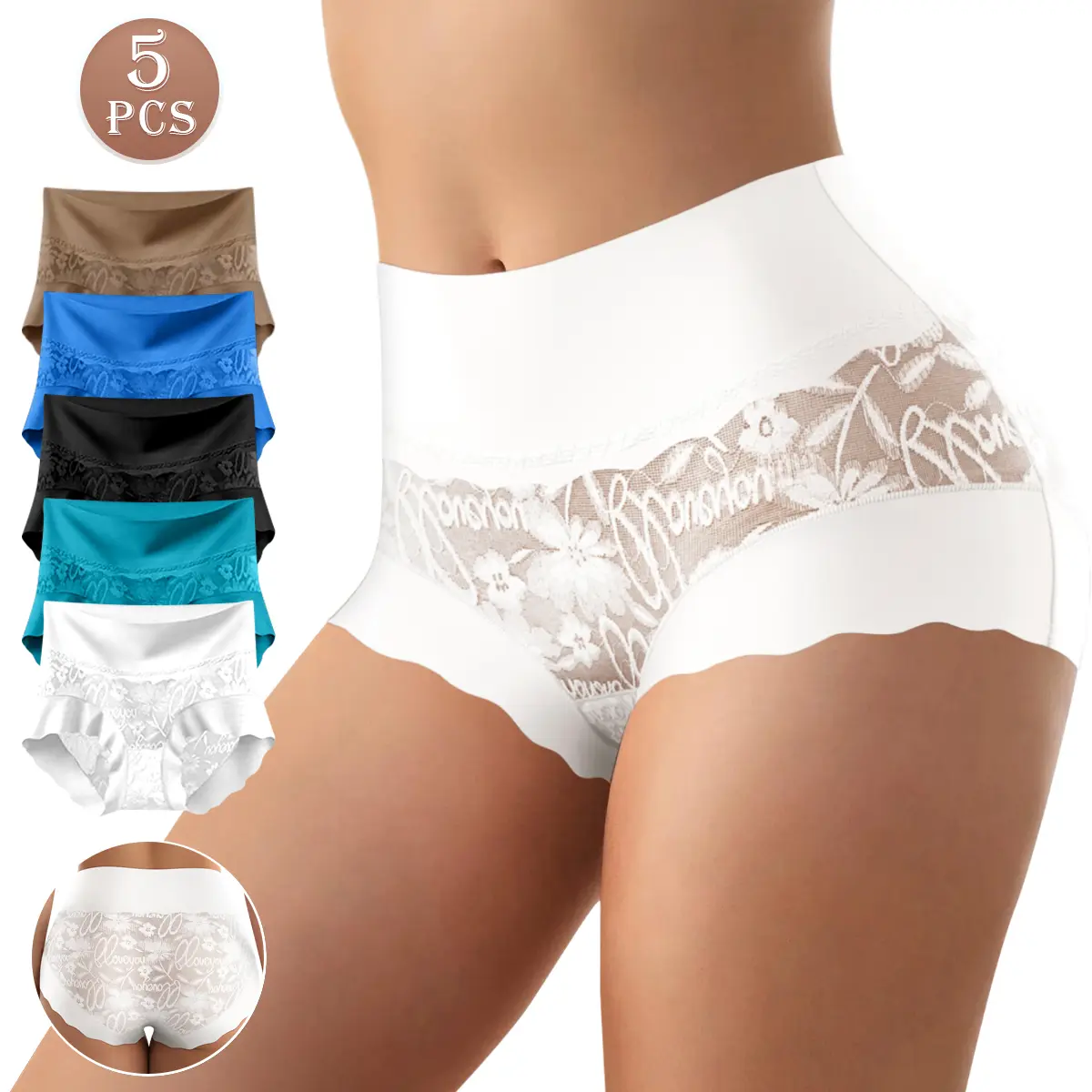5-Pack Women's High Waisted Lace Panties, Silky No Show Comfort Soft Stretch Breathable Briefs, Multicolor Elegant Fresh Elegant Basic Everyday Underwear S-XXL