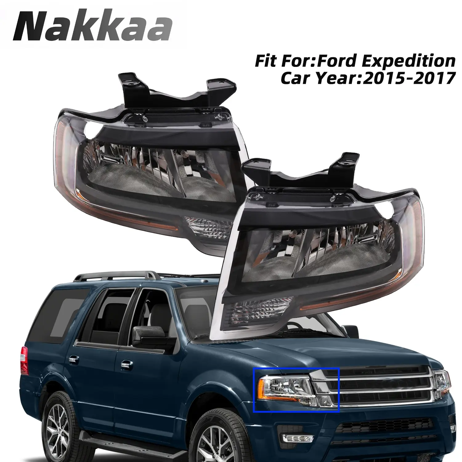 Nakkaa Halogen Headlight Assembly Pair For 2015-2017 Ford Expedition ,Black Housing,Clear Lens,With Bulbs, LH+RH,Compatible with Reflector Type Headlight Models Only