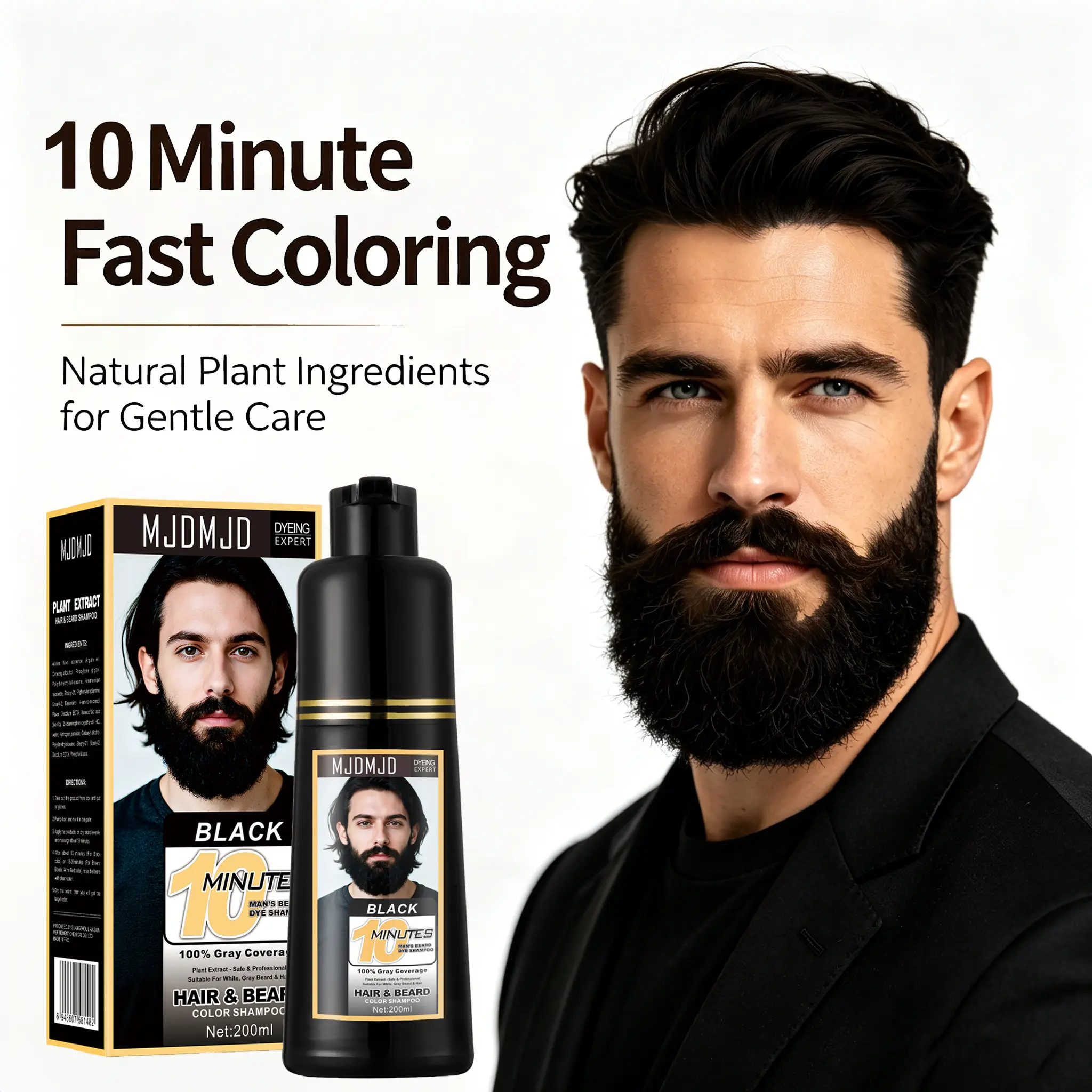 Black Beard & Hair Dye Shampoo for Men, 3-in-1 Herbal Hair Color for Gray Coverage, Long-Lasting Beard & Mustache Coloring, 6.76 Fl Oz