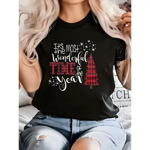 Women's Christmas T-Shirt Buffalo Plaid Tree Graphic Short Sleeve Crew Neck 100% Cotton