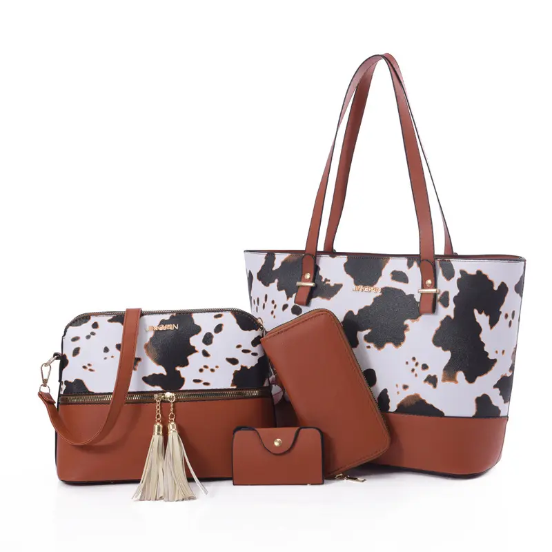 Women's 4pcs PU Cow Pattern Handbags Set - Large Capacity Casual Crossbody-Shoulder Bags with Adjustable Strap, High-Quality Fashionable Personalized Gifts for Women, Womens Gifts Option