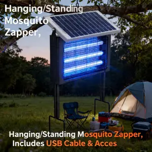 3-Tube Solar Bug Trap Lamp, Powerful 300 Sq.ft Coverage, Cordless USB & Solar Dual Rechargeable, Portable Outdoor Fly Catcher for Patio, Garden, Backyard, RV & Camping Pest Control