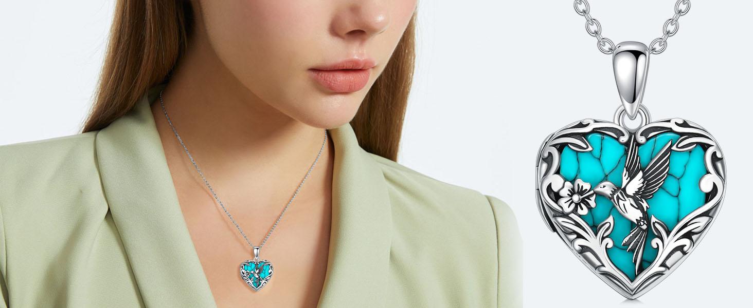 Hummingbird Locket Necklace That Holds 1 Picture 925 Sterling Silver Turquoise Heart Locket Pendant Personalized Photo Animal Jewelry Gifts for Women Grandma