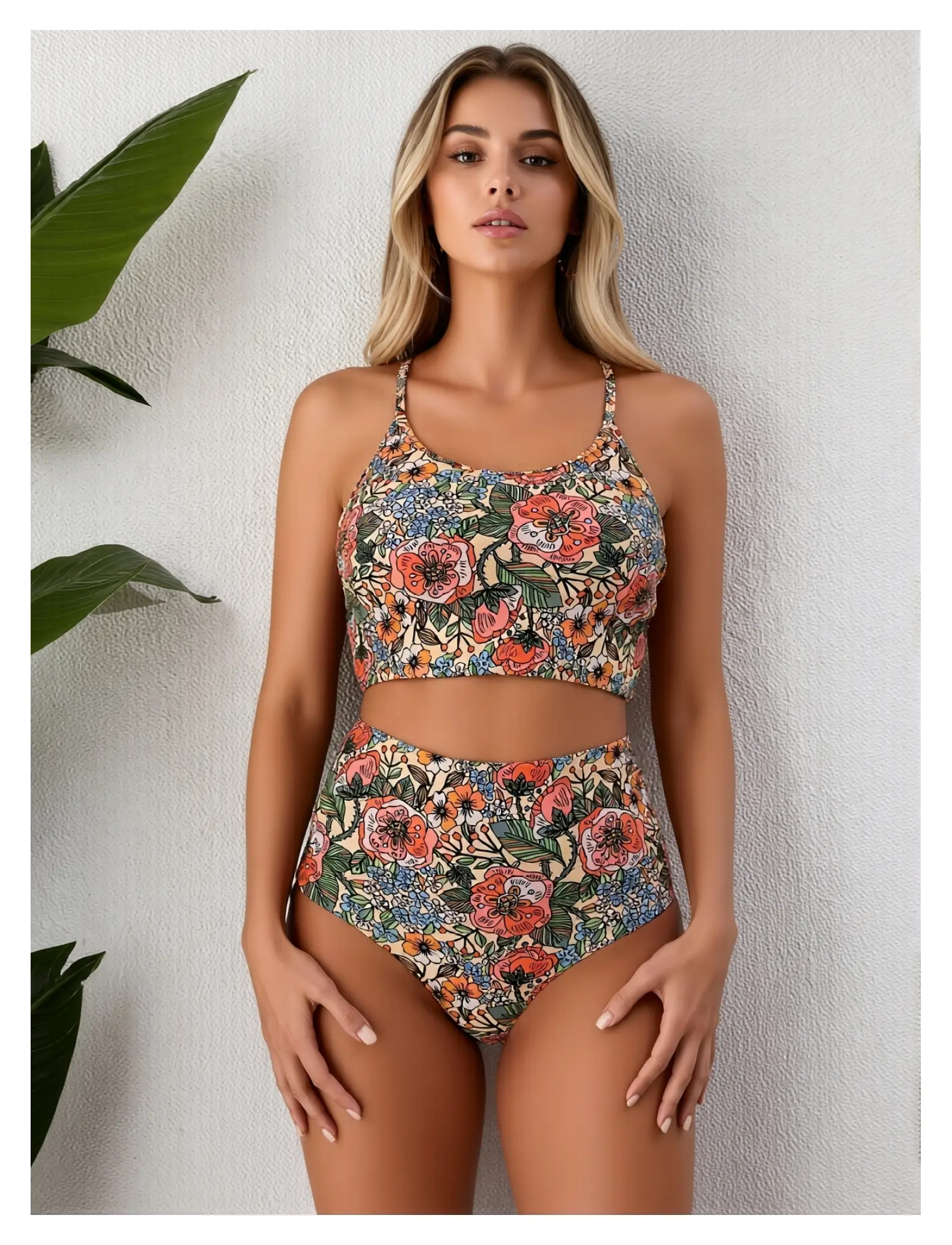 Floral Bikini Set for Women High Waisted - Two Piece Swimsuit Crop Top Bathing Suit Cute Vintage Print Beachwear Adjustable Straps