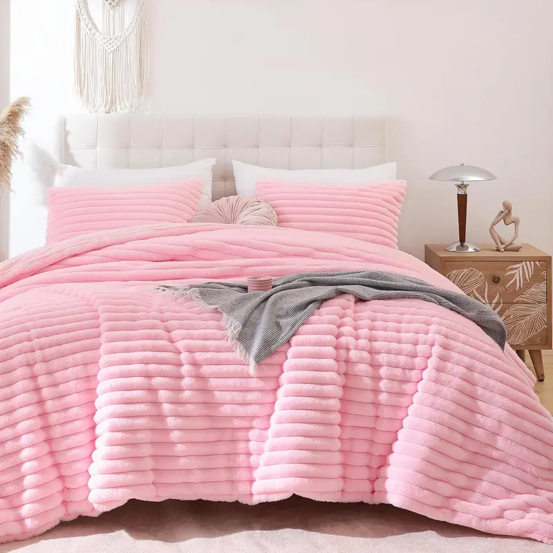 Fluffy  Comforter Set 3 count - Pink Fleece Fluffy Comforter  Set, Luxury Fuzzy  Bed Set, Soft & Warm Bed Comforter  All Season, Heavy  Bedding with 2 Pillow Cases