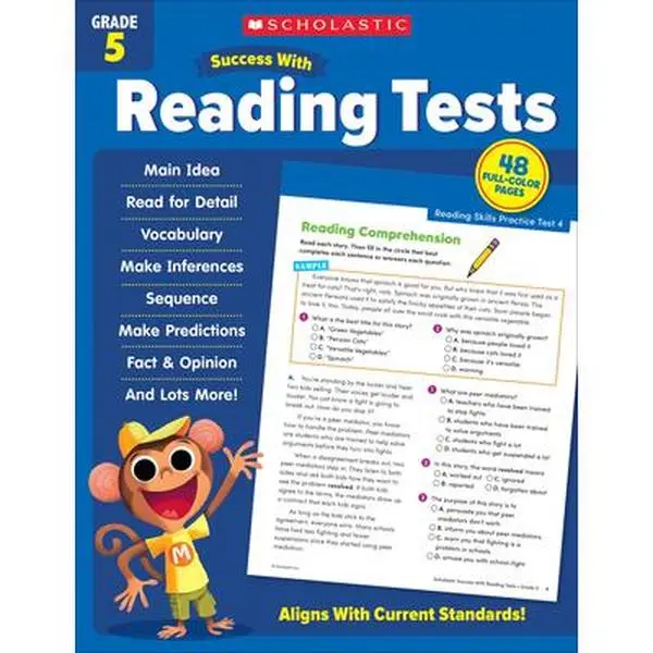 Scholastic Success with Reading Tests Grade 5 Workbook - English, 10.6" h x 8.2" l x 0.2" w, Ready-to-Take Practice Tests, Practice and Confidence, Scholastic Teaching Resources Paperback