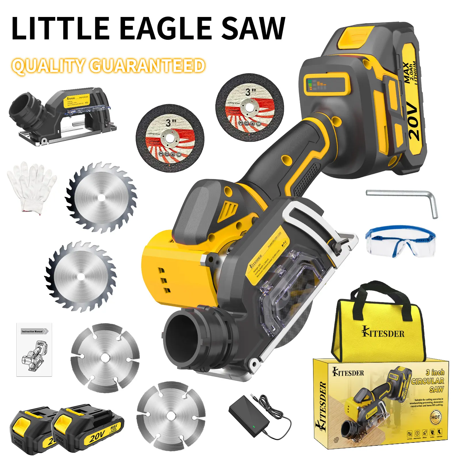 KITESDER 20V Brushless Cordless Mini Circular Saw, 3 Inch 19500 RPM Power Saw with Adjustable Cutting Depth, Quick Blade Change & Dust Collection, for Wood/Metal/Tile Cutting, Woodworking & Gardening