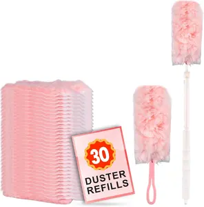 ITTAR 30 Count Duster Refill kit, Dust Cleaning Supplies with Extension Pole, Fan Feather Dusters with 2 Types Handle for Cleaning Home, Celling Fan, Blinds, Furniture, Vent & Shelves-Pink short