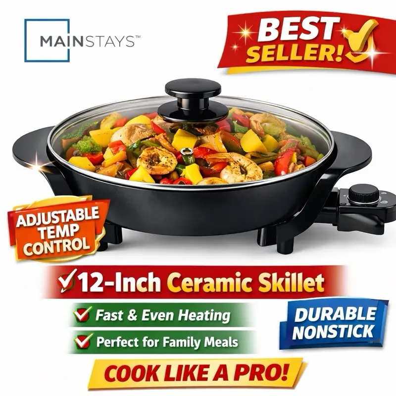 Mainstays 12-Inch Ceramic Electric Skillet with Adjustable Temperature & Nonstick Surface Kitchen Oil Set