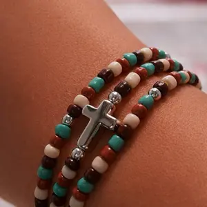 3 Bracelet Stack with Cross Charm and Multicolor Beads for Stylish Accessory