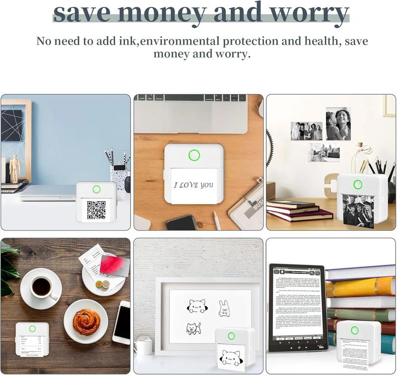 Mini Printer Portable Perfect Gift Wireless Sticker Printer for iPhone  1 Count USB Rechargeable Bluetooth-compatible Thermal Printer with 5 Rolls Paper, Compatible with iOS & Android, Office Supplies
