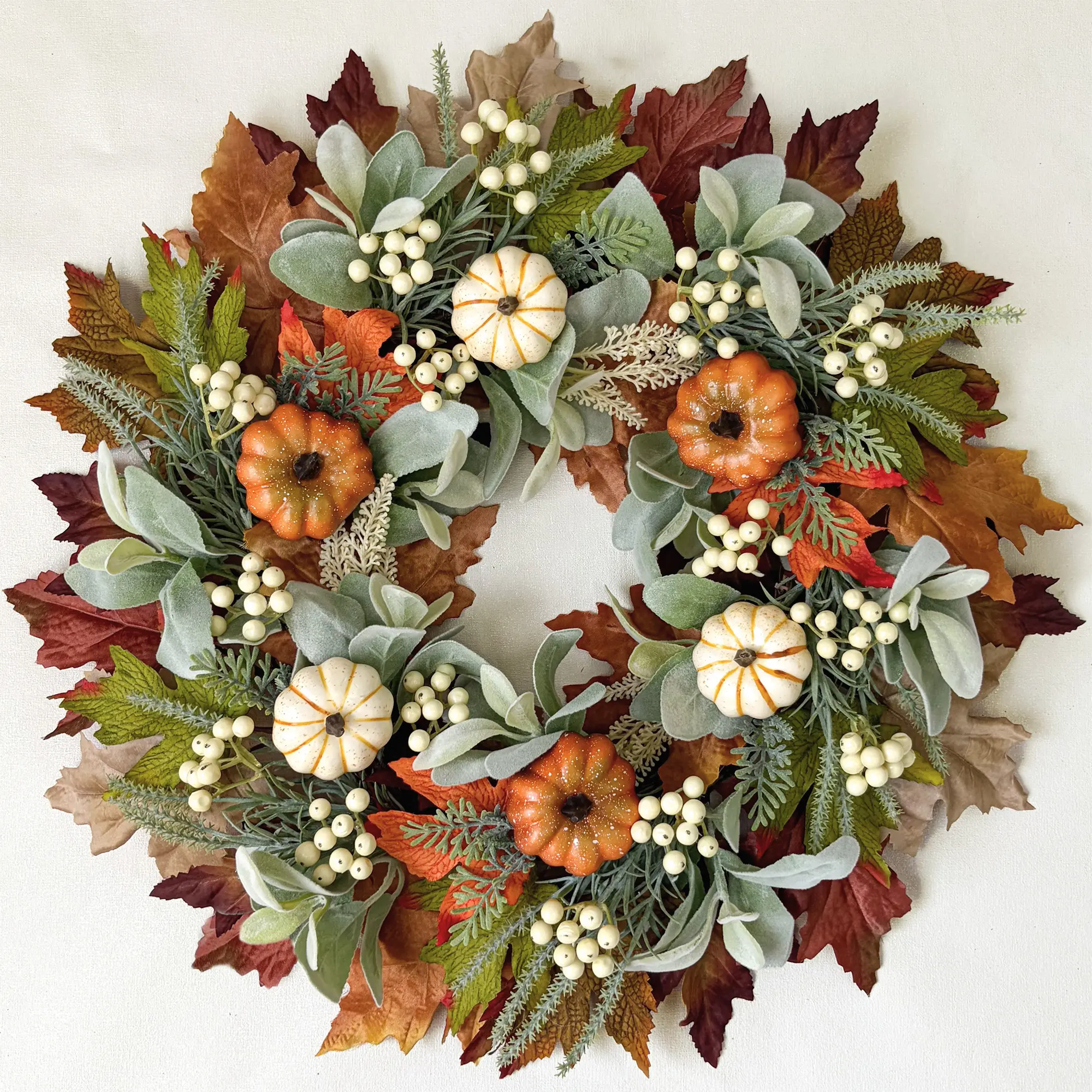 20in Reusable Farmhouse Fall Front Door Wreath - Halloween Harvest Decor with Pumpkin, Cream Berries, Greenery, Lamb Ear, Maple Leaves, Wall Hanging for Home Porch, Wall Indoor Outdoor Accent