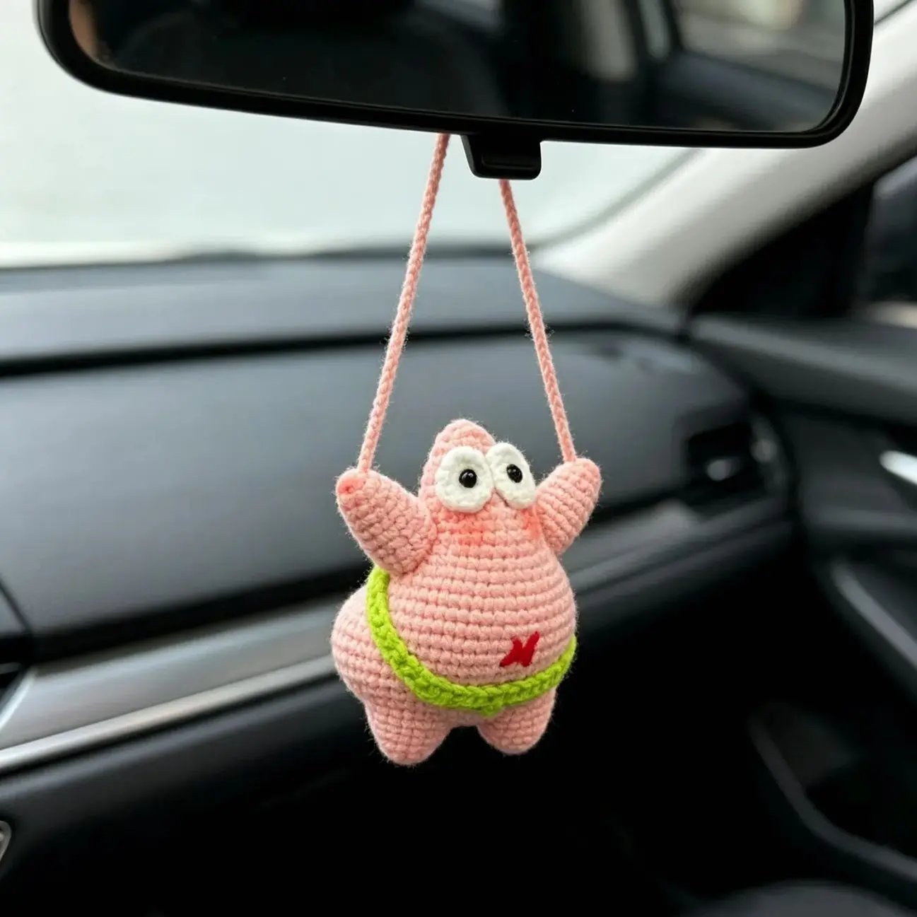 Hand Crocheted Hanging Charm Car Rearview Mirror Handcrafted Ornament Auto Pendant Travel Accessory Present For Automobile Enthusiast