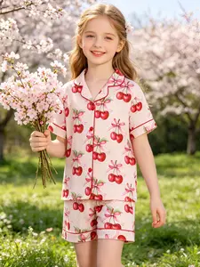 Kids Pajama Set, Fire-Resistant Knit Fabric, Cartoon Fruit Cherry Bow Design, Loose-Fitting Short Sleeve, All Seasons, Casual Style