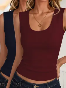 Women's Summer Sleeveless Square Neck Vest Set, Ribbed Fitted Slimming Basic Minimalist Fashion Crop Top, 2 Piece Pack, Casual Style, No Zipper