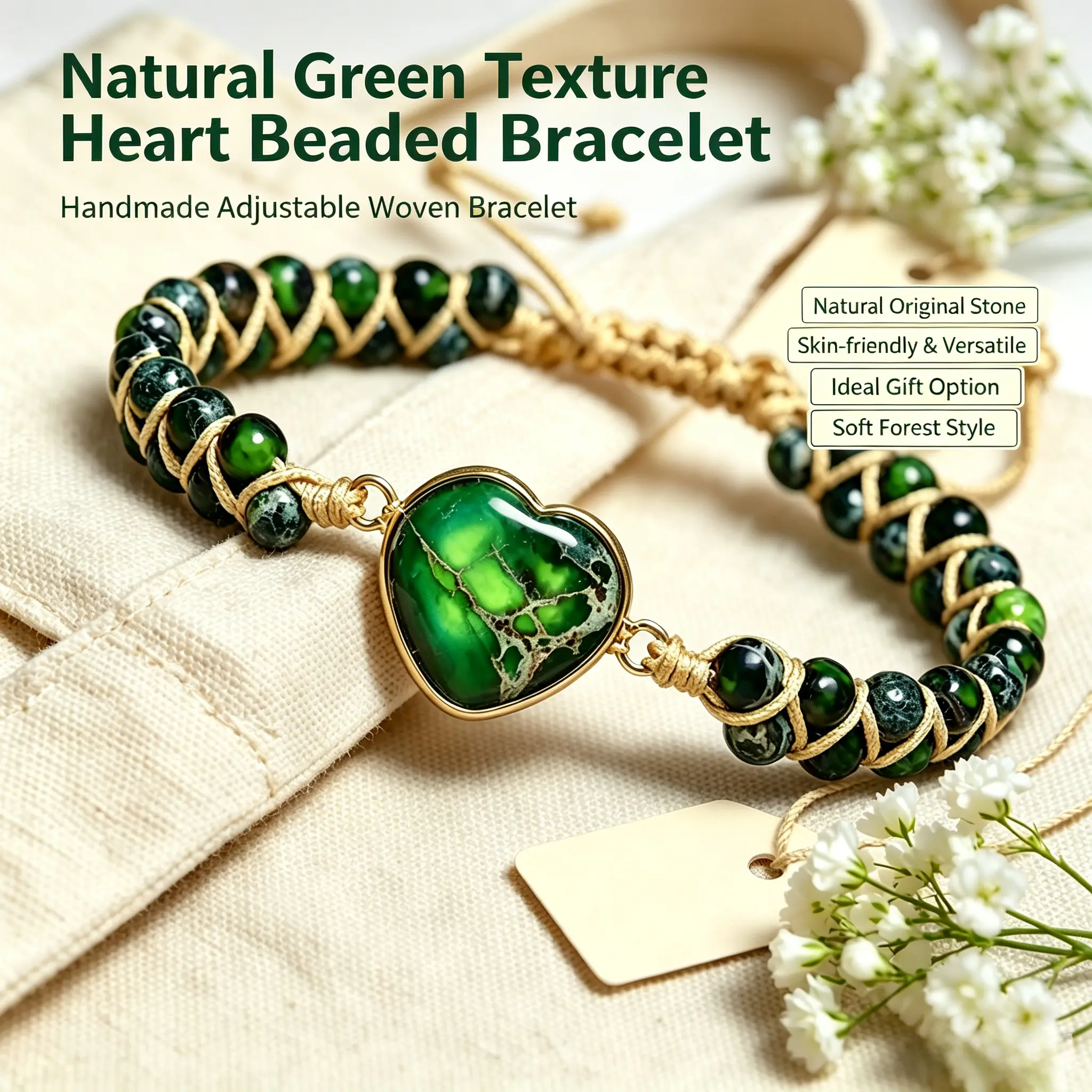 Green Stone Heart Beaded Bracelet for Women, Boho Hand-Woven Adjustable Braided Cord, Stackable Daily Jewelry, Yes, 1 Pcs, 6.2-11.8 Inch, All Seasons, Boho Healing Crystal Jewelry, Elegant And Boho Chic