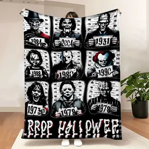 Horror Movie Villain Collage Slogan Print Blanket-9 Criminal Photo Style Villain Holding Year Logo, Black and White Grid Background, Soft Warm Blanket for Horror Lovers, Ideal Gift for Thriller Lovers