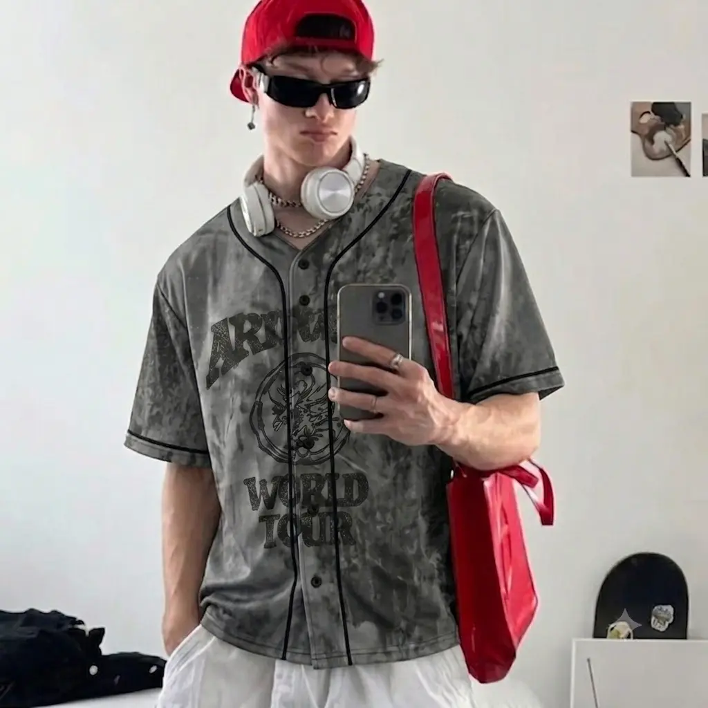 Vintage Number Baseball Jersey Shirt, Korean Streetwear Button-Up Jersey, Dark Aesthetic Athletic Top, Retro Sports Graphic Baseball Shirt, Unisex Fan Apparel