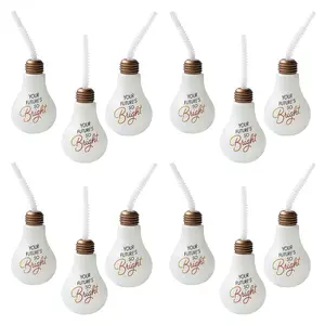 14 oz. Bulk 60 Ct. Grad Lightbulb Reusable Plastic Cups with Lids & Straws