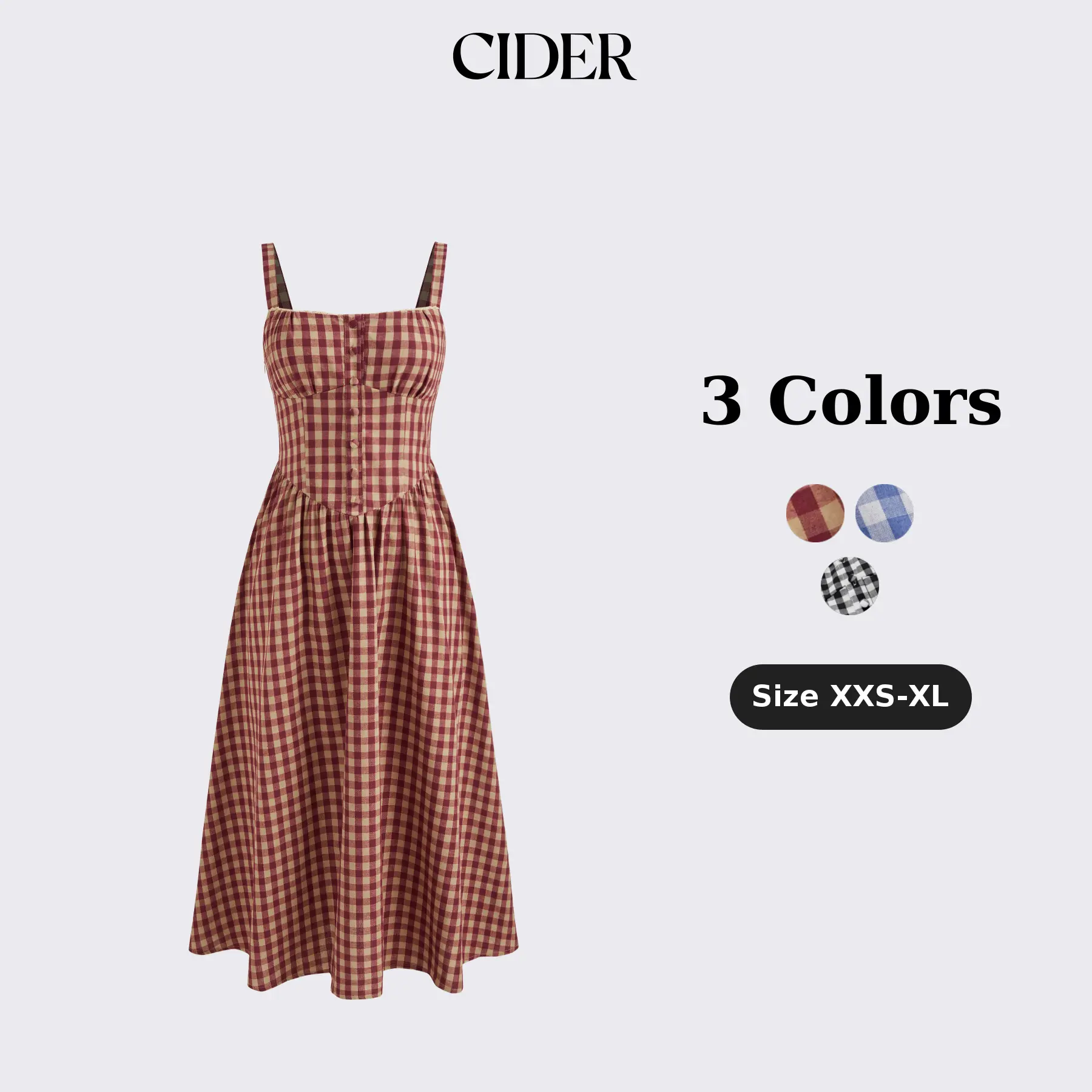 Cider Gingham Cotton-blend Maxi Dress for Women, Casual Sleeveless Square Neck Style for Daily Outfits, Women's Clothes, Woven, Rayon, Recycle Polyester, Plaid, Maxi Length, Gingham Plaid, Long Maxi