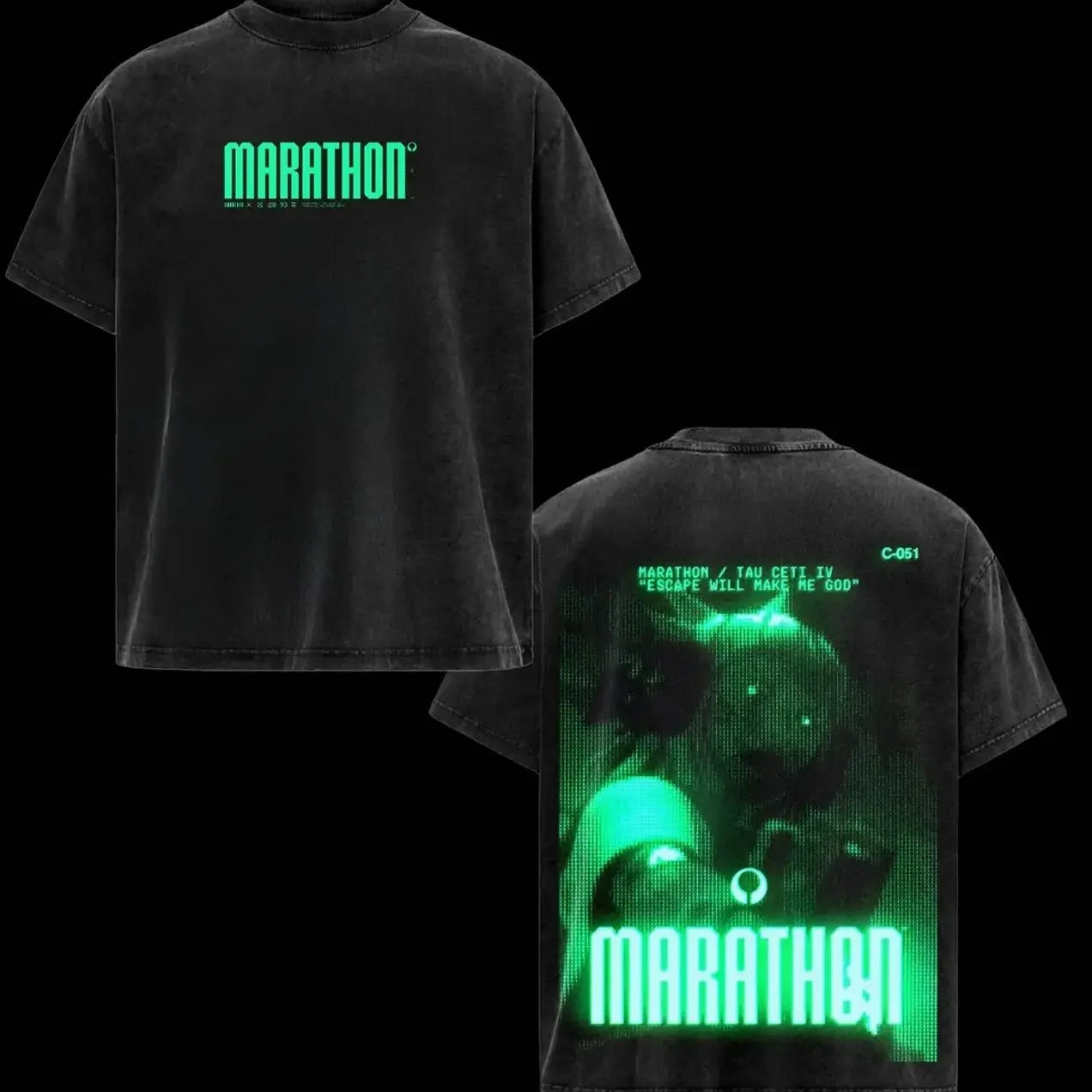 Marathon Cyberpunk Graphic T-Shirt – Vintage Washed Streetwear Tee with Neon Green Digital Dog and Astronaut Helmet Art, Futuristic Techwear Oversized Shirt F95