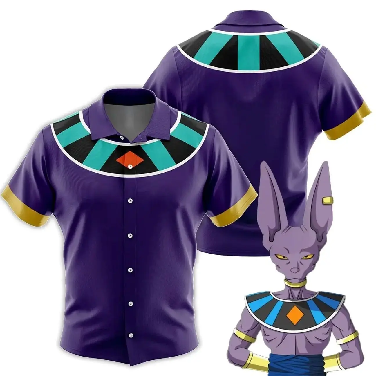 Beerus Cosplay Hawaiian Shirt Men’s Button Up Beach Babe Arc – Anime Aloha Button Down
