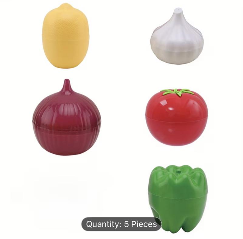 5 Transparent Storage Boxes Shaped Like Fruits And Vegetables - Durable Plastic Containers for Keeping Lemons, Bell Peppers, Tomatoes, Onions, And Garlic Fresh in The Fridge And Freezer - Space-Saving Kitchen Organizers with Easy-Access Lids