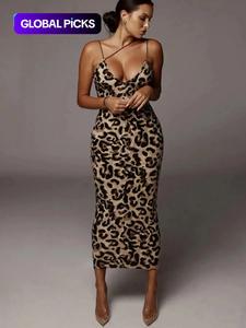 women's all over leopard print asymmetrical cami dress, elegant sleeveless spaghetti strap bodycon dress for party club night out, fashion sundress, ladies summer clothes, vacation dresses, womenswear