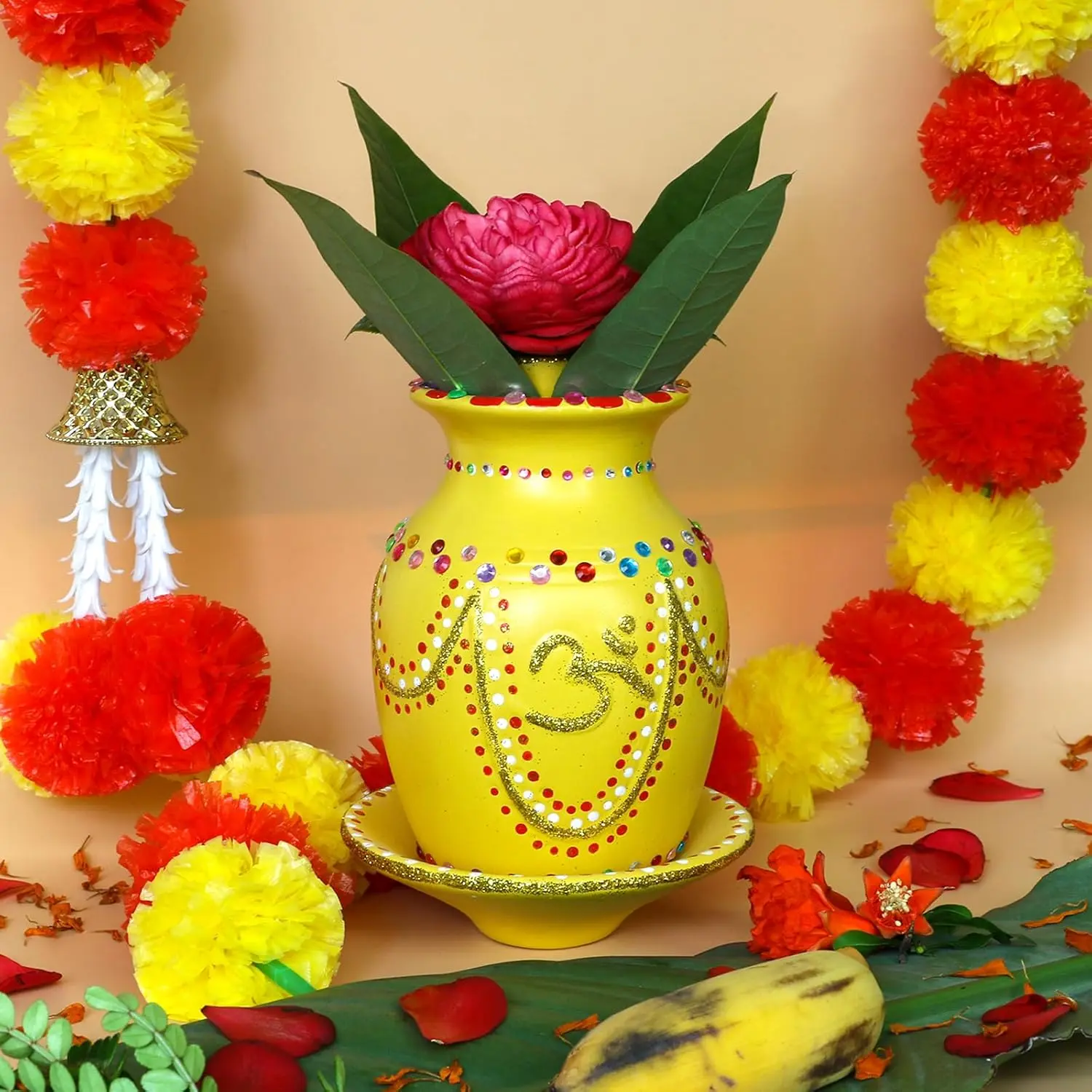 Yellow Ceramic Kalash Hindu Pooja Item - Includes Plate, Glitter OM Lota & Diwali Diya, Religious Decoration for Home Temple Mandir Altar, Holiday Room Decorations, Spiritual Gift for Wedding Housewarming