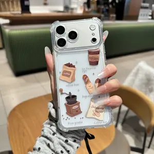 Coffee & Bread Print Clear Case, Cute Coffee Bean Baguette Pattern Shockproof Airbag Corner Cover for iPhone 17 16 15 14 13 12 11 Anti-Drop Protective Cover
