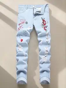 Men's slim fit lettering and heart embroidered ripped jeans Ripped slim fit straight jeans Cotton Denim Vintage Pants Streetwear Menswear Trouser