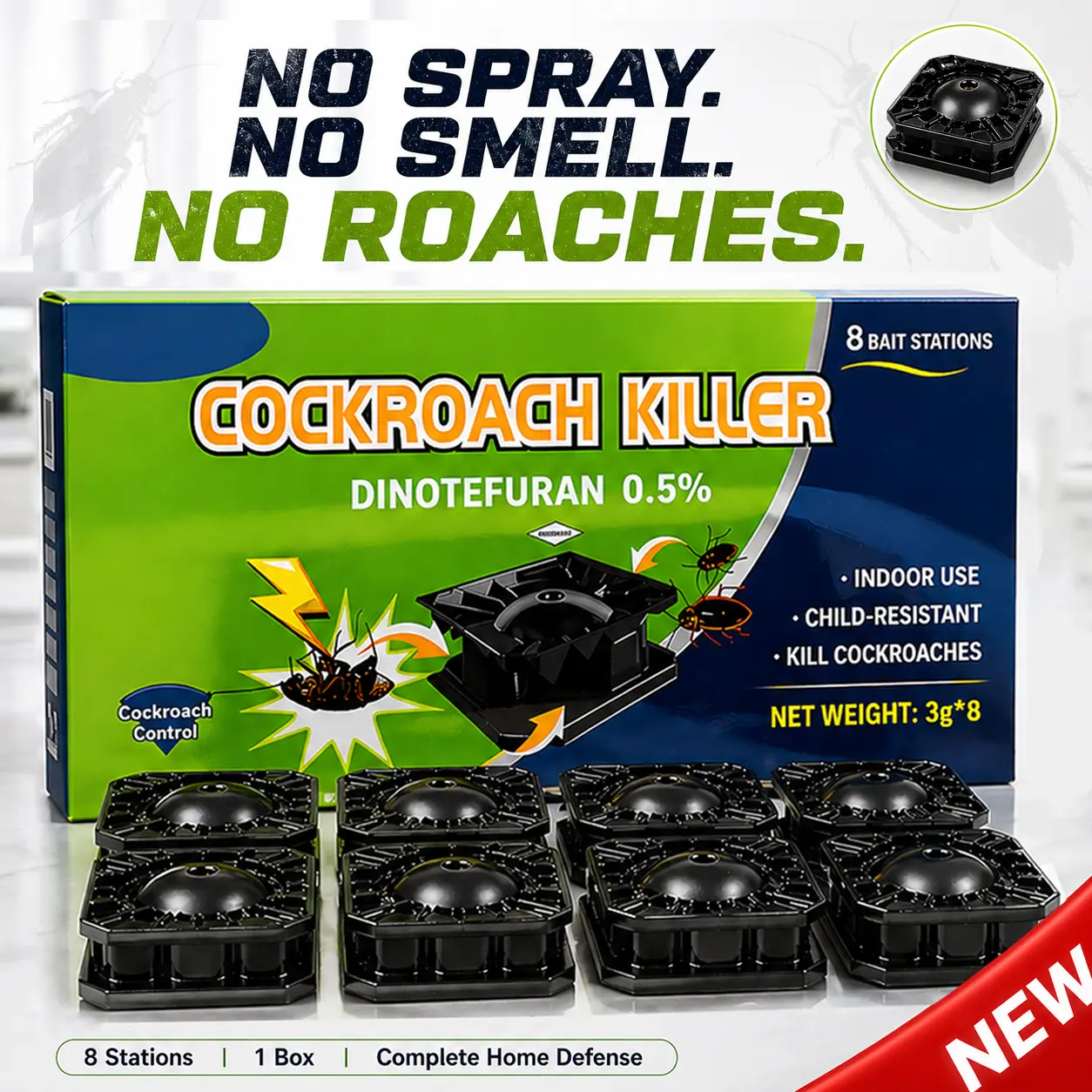 8 Pack Roach Killer Bait Stations – Odorless Cockroach Trap Indoor, Safe for Pets & Family, No Touch No Mess, Fast Acting Nest Killer for Kitchen & Home