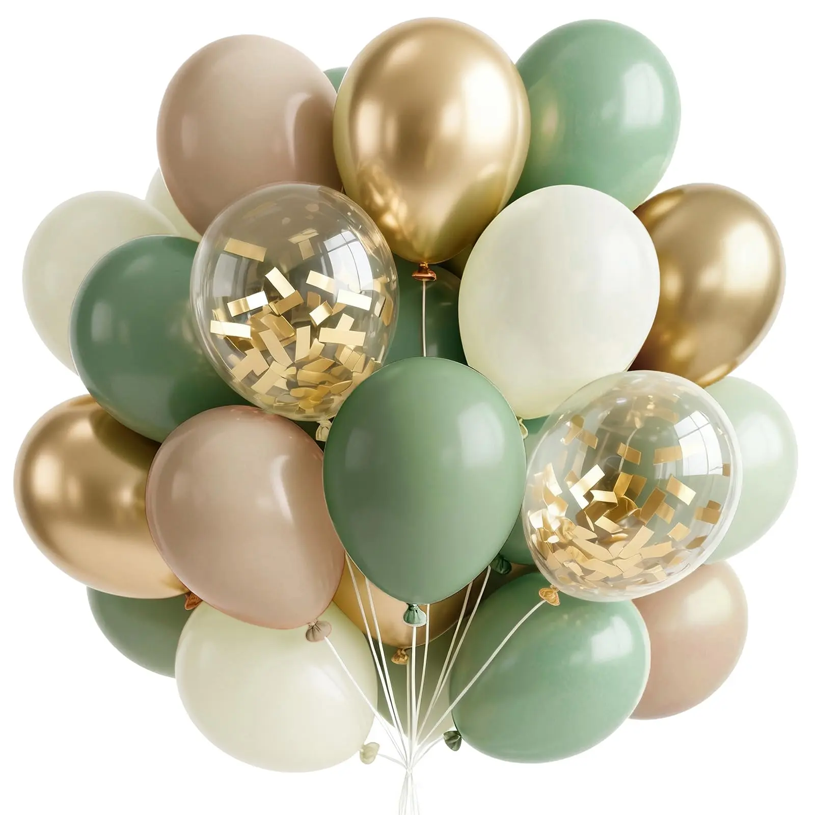 PartyWoo Thick 66pcs 12-Inch Balloon Garland Kit - Festive Balloons (Sage Green, Metallic Gold, Sand White, Light Brown, Confetti, Floatable) for Birthday, Baby Shower Decorations
