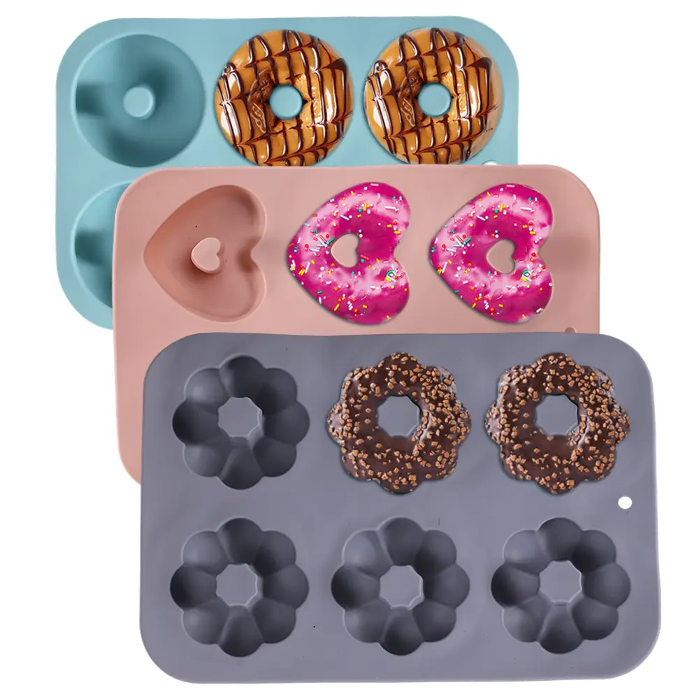 3 pieces of silicone donut molds - round, heart-shaped, flower shaped donut baking tray, food grade non stick silicone mold, reusable, easy to clean, suitable for baking donuts, bagels, muffins&cupcakes,