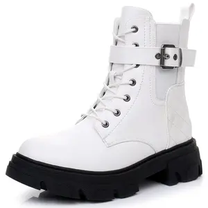 GLOBALWIN Women's Combat Boots Lace Up White Boots For Women Ankle Booties Comfortable Lug Sole Chunky Low Heel Size 11M