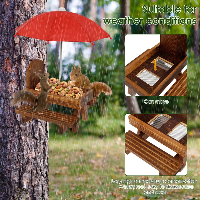 Wood Squirrel Feeder with Red Umbrella Carbonized Squirrel Picnic Table Waterproof Chipmunk Feeder Funny Squirrel Feeder Picnic Table for Squirrel Gift