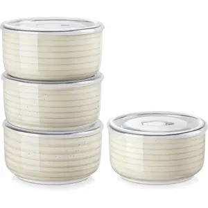 Bonbon Ceramic  with Lids Set of 4, 36 oz Microwave Safe Soup , Airtight Food Storage Containers for Meal Prep, Salad, Cereal, Leftovers, Lunch, and Serving, Beige