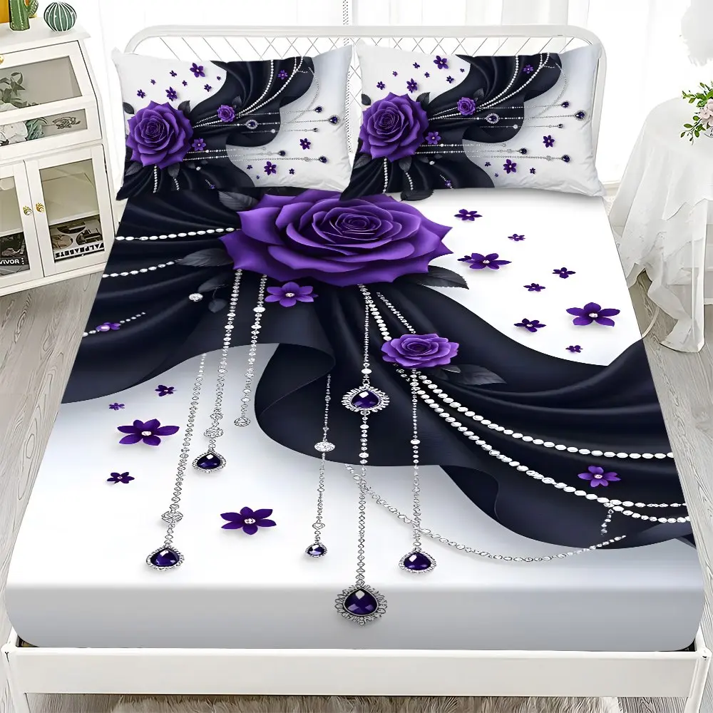 Fitted Sheet 3-Piece Set - 2D Flat Printed Purple Rose Black Silk Droop Pattern Mattress Covers, Available in 10 Sizes (1 fitted sheet + 2 pillowcases, no insert). skin-friendly and breathable bedding, suitable for family bedrooms .